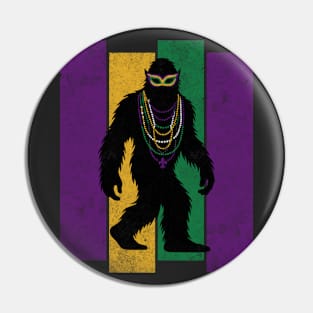 Mardi Gras Bigfoot Sasquatch Funny Cryptid Creature with Fleur-de-Lis, Mask, and Beads Pin