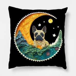 Retro French Bulldog Frenchie Crescent Moon Stars Forest Art Pillow