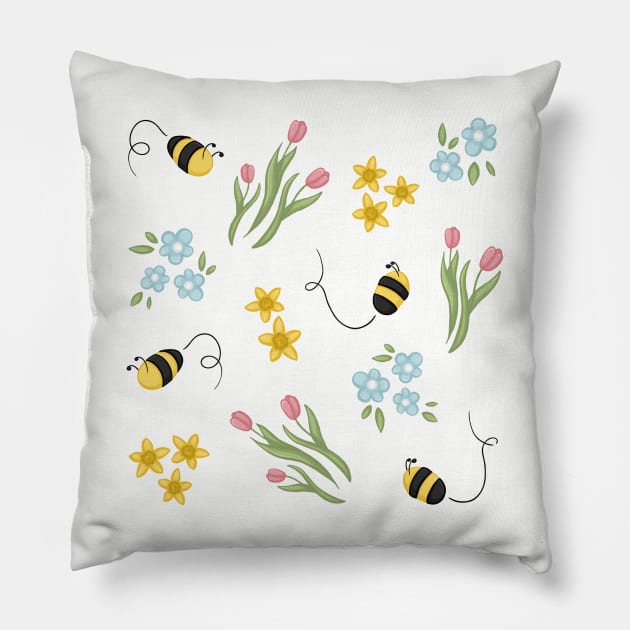 Cute Spring Bee Tulips and Daffodils Flower Pattern Digital Illustration Pillow by AlmightyClaire