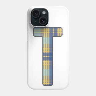 Monogram Letter T, Blue, Yellow and Grey Scottish Tartan Style Typography Design Phone Case