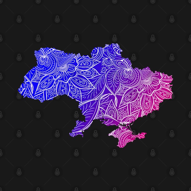 Colorful mandala art map of Ukraine with text in blue and violet by Happy Citizen