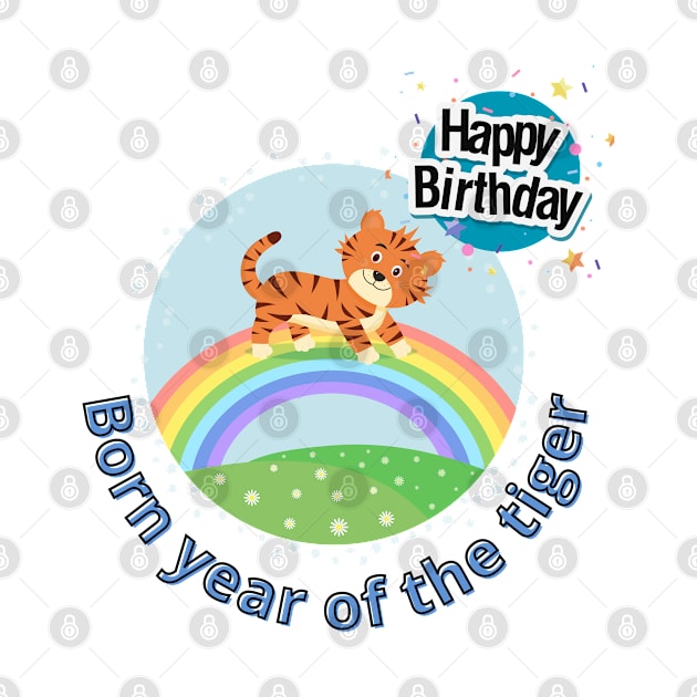 Born year of the tiger - cute BABY tiger on a rainbow by O.M design