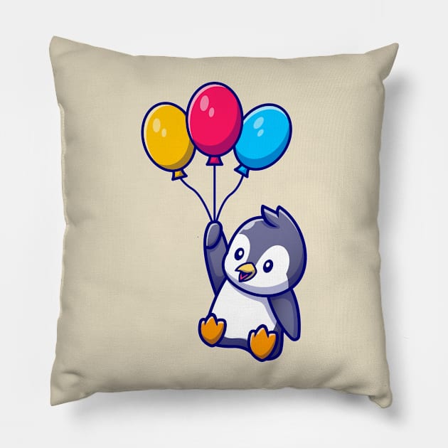 Cute Penguin Flying With Balloons Pillow by Catalyst Labs