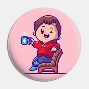 Cute Boy Drink Hot Coffee On Chair Cartoon Pin