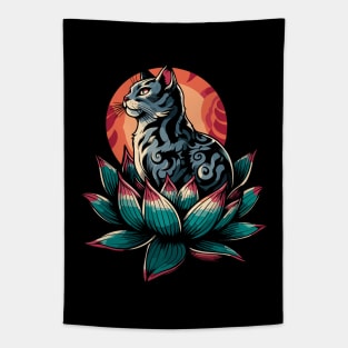 Grey cat with tribal tattoo in lotus Tapestry