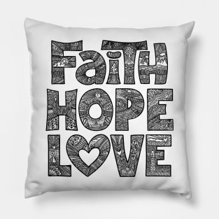Doodle typography and illustration "Faith, Hope, Love" Pillow