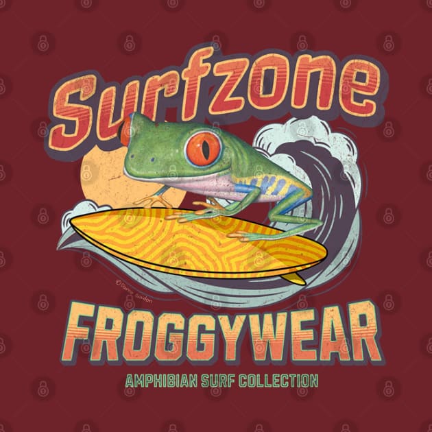 Funny Cute Red Eyed Tree Frog Surfing by Danny Gordon Art