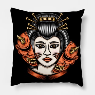 Japanese geisha with hannya mask Pillow