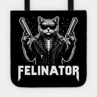 Felinator, cat terminator funny graphic t-shirt for sci-fi cyborg fans, cat lovers and gun enthusiasts. Tote