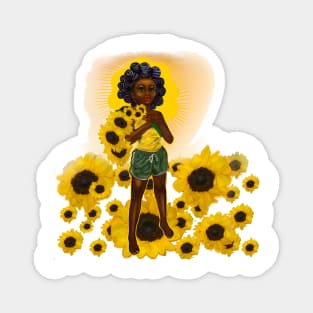 Anime Afro anime sunflower wielding warrior princess with Bantu knots - beautiful girl with Afro hair, brown eyes and dark brown skin Magnet