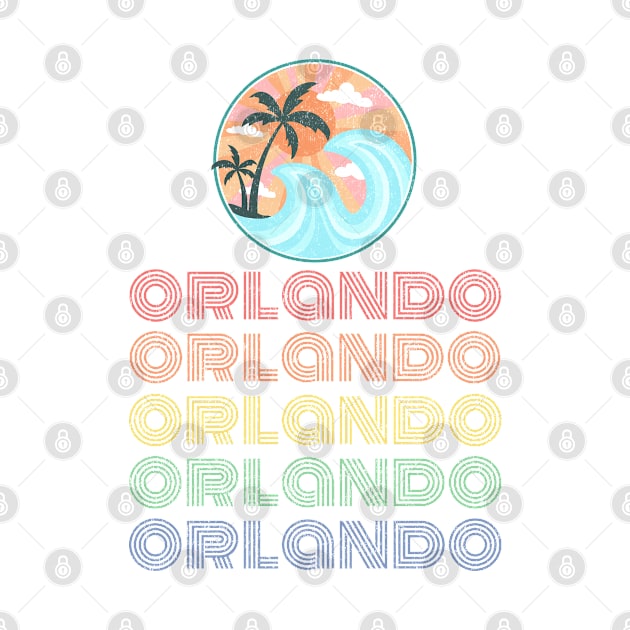 Vintage Retro Multi Color 70's Orlando Distressed Design with Ocean Waves by Joaddo