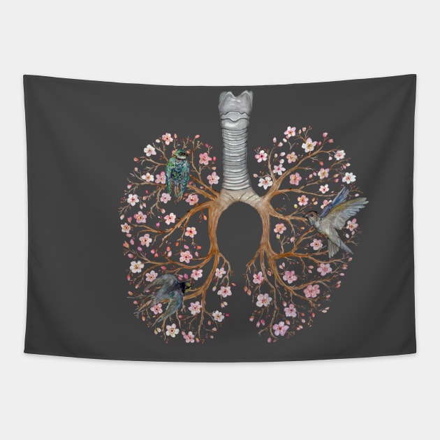 Blooming Lungs: Human Anatomy, Floral Cherry Blossom, Anti Virus Tapestry by OssuariumFloreus 