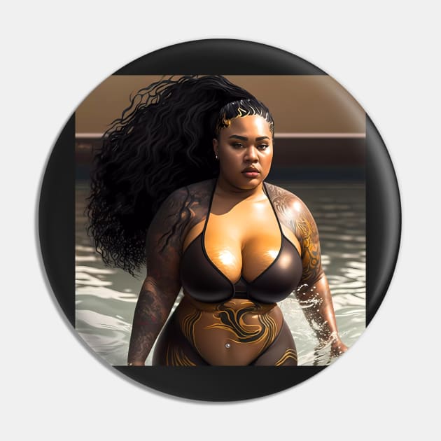 Summer Vibes, Curvy Summer, Curvy and Beautiful Superwoman, Swimmer Athlete. Female are strong. Sticker Pin by MeatLuvers