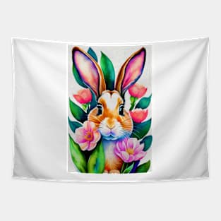 Spring Bunny and Flowers Painting Tapestry