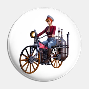 Steampunk woman on steam motorcycle Pin