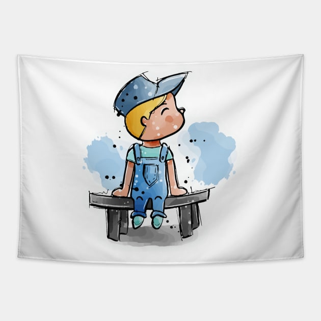 Cute little cartoon boy sitting on a bench Tapestry by Sissely