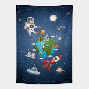 The astronaut and his rocket above planet earth Tapestry