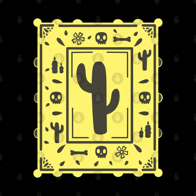 Papel Picado - black- skull - cactus- bone -yellow - Dia De Los Muertos by Scriptnbones