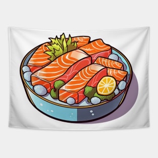 Savoring every bite of this delicious Japanese salmon fillet sashimi on ice Tapestry