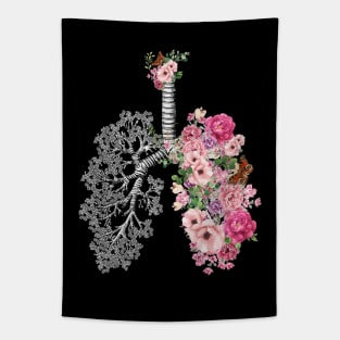 Lung Anatomy, vintage pink roses, Cancer Awareness Tapestry