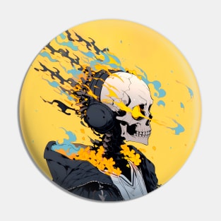 Skeleton with headphones and flames Pin