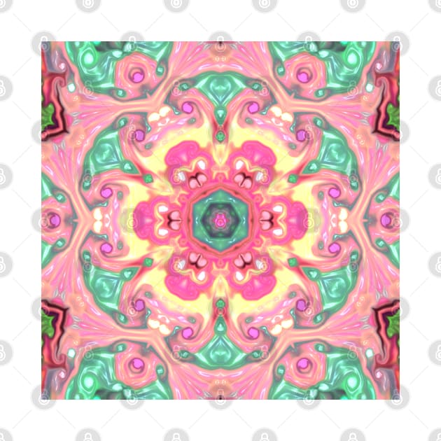 Psychedelic Mandala Flower Green Pink and Yellow by WormholeOrbital