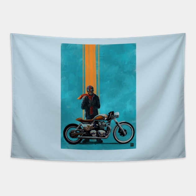 Vintage caferacer red scarf rider Tapestry by SFDesignstudio