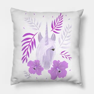 Pink Unicorn with Tropical Hibiscus and Leaves Pillow