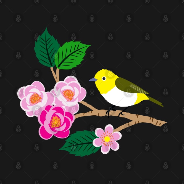 Japanese sakura flowers with yellow birds by Jennifer Ladd