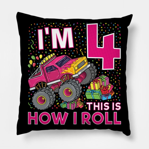 4th Birthday Monster Truck Party Gift 4 Year Old Girl Pillow by silentsoularts