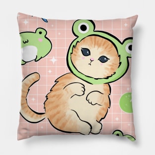 Cat in Hilarious Frog Costume Joins Kawaii Toads for a Retro 90s Cottagecore Adventure Pillow