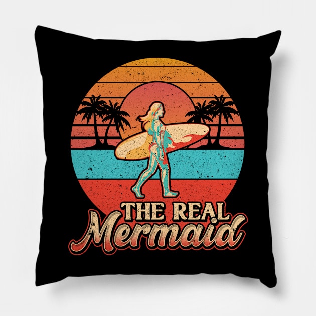 Surfer Girl Funny Real Mermaid Surfing Gift Women T-Shirt Pillow by Dr_Squirrel