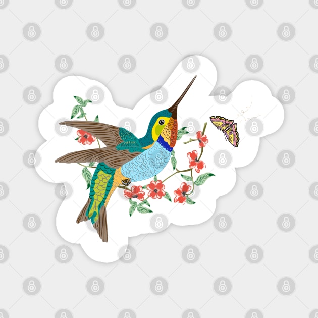 Lovely Flying Hummingbird Butterfly Flowers illustration Magnet by LizzyizzyDesign