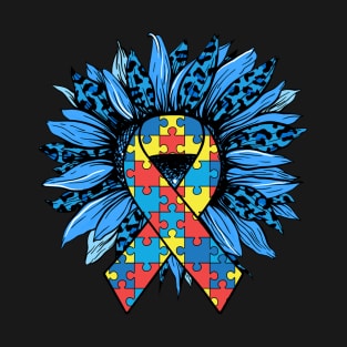 Leopard Sunflower Puzzle Ribbon Autism Awareness T-Shirt