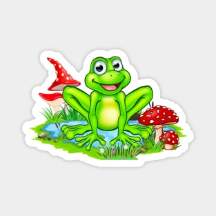 Cute Frog At The Pond And Mushrooms Nature Magnet