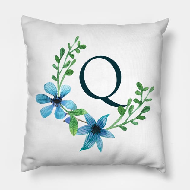 Floral Monogram Q Pretty Blue Flowers Pillow by floralmonogram