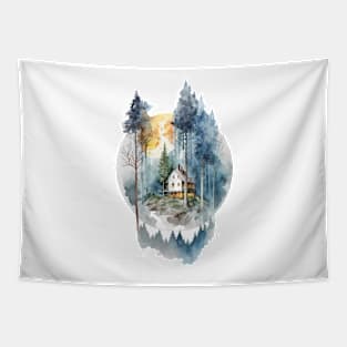 Cozy forest house surrounded with trees Tapestry