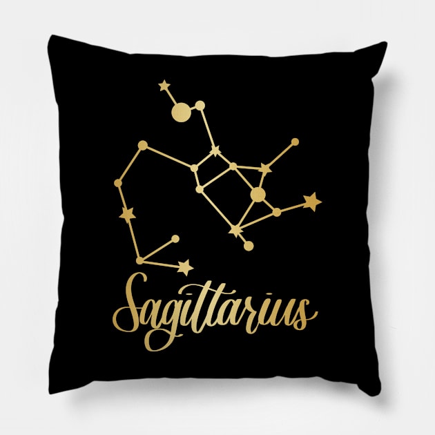 Sagittarius Zodiac Constellation in Gold - Black Pillow by Kelly Gigi