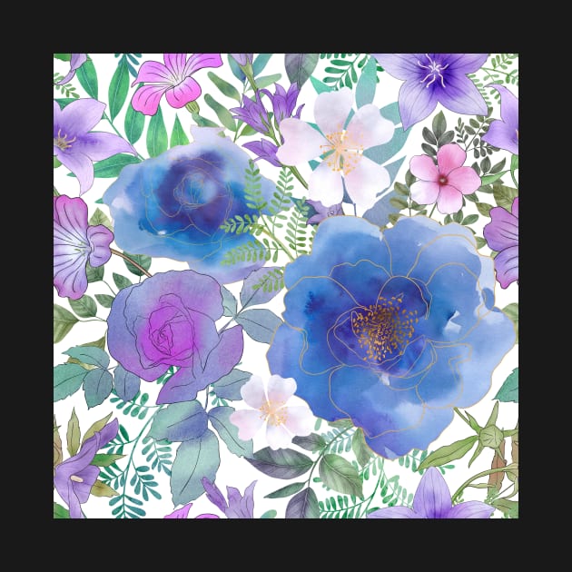 Blue roses and bellflowers.Vibrant watercolor wild flowers print by likapix