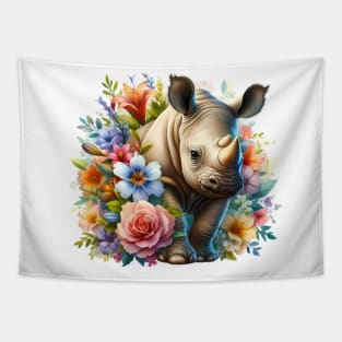 A rhino decorated with beautiful colorful flowers. Tapestry