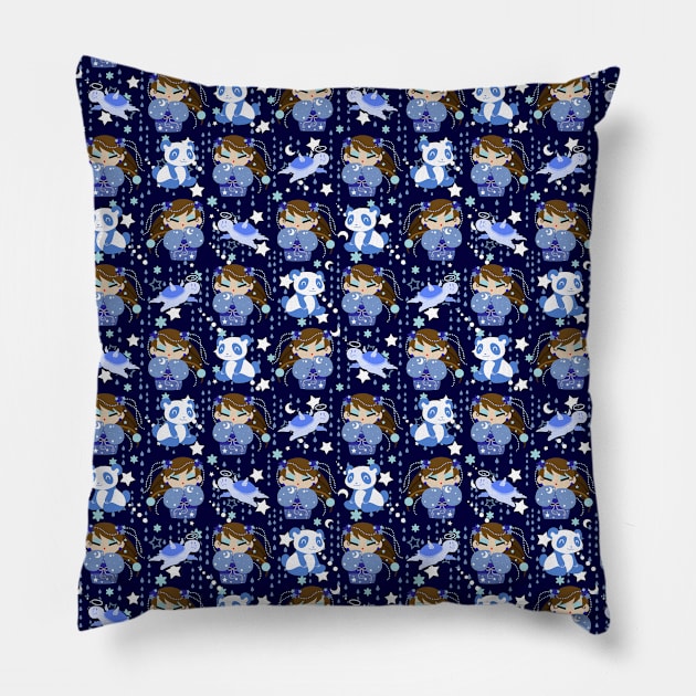 Panda Kokeshi Blue Pattern Pillow by saradaboru