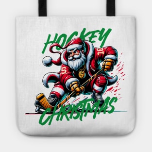 Santa Playing Hockey in Christmas Tote