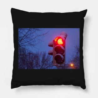 Traffic lights, traffic lights, snow, winter, dusk, evening Pillow