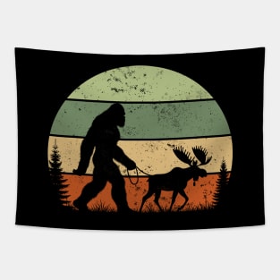 Vintage Bigfoot Walking a Moose Retro Sunset Outdoor Tapestry