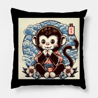 Cute Kawaii monkey king wearing a kimono with flower classic design Pillow