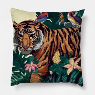 A design inspired by the lush and exotic landscapes of the jungle, featuring animals such as tigers, monkeys, and parrots. Pillow