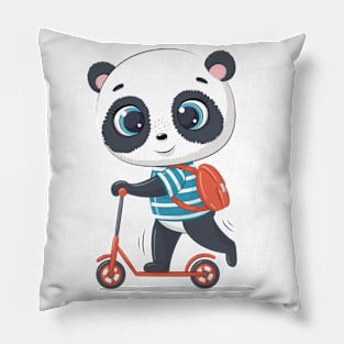 PANDA BEAR WITH A SCHOOL BAG ON A SCOOTER Pillow