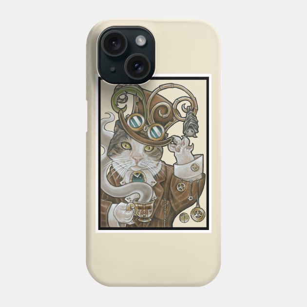 Steampunk Cat -Tea Party with Bat -White Outline Phone Case by Nat Ewert Art