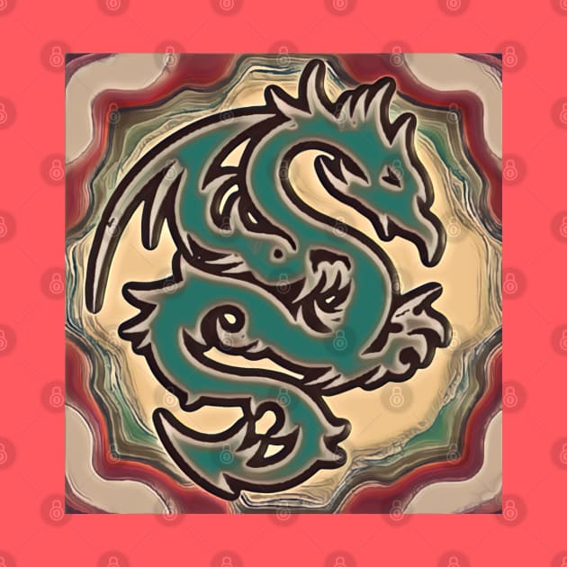 Burgundy, green, and cream abstract print with dragon graphic by BJG Abstract Arts 