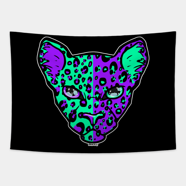 Purple and Teal Split Leopard Tapestry by Jan Grackle